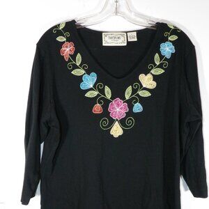 Share Tantrums Knit Top Black with Colorful Embroidered Flowers Size Large